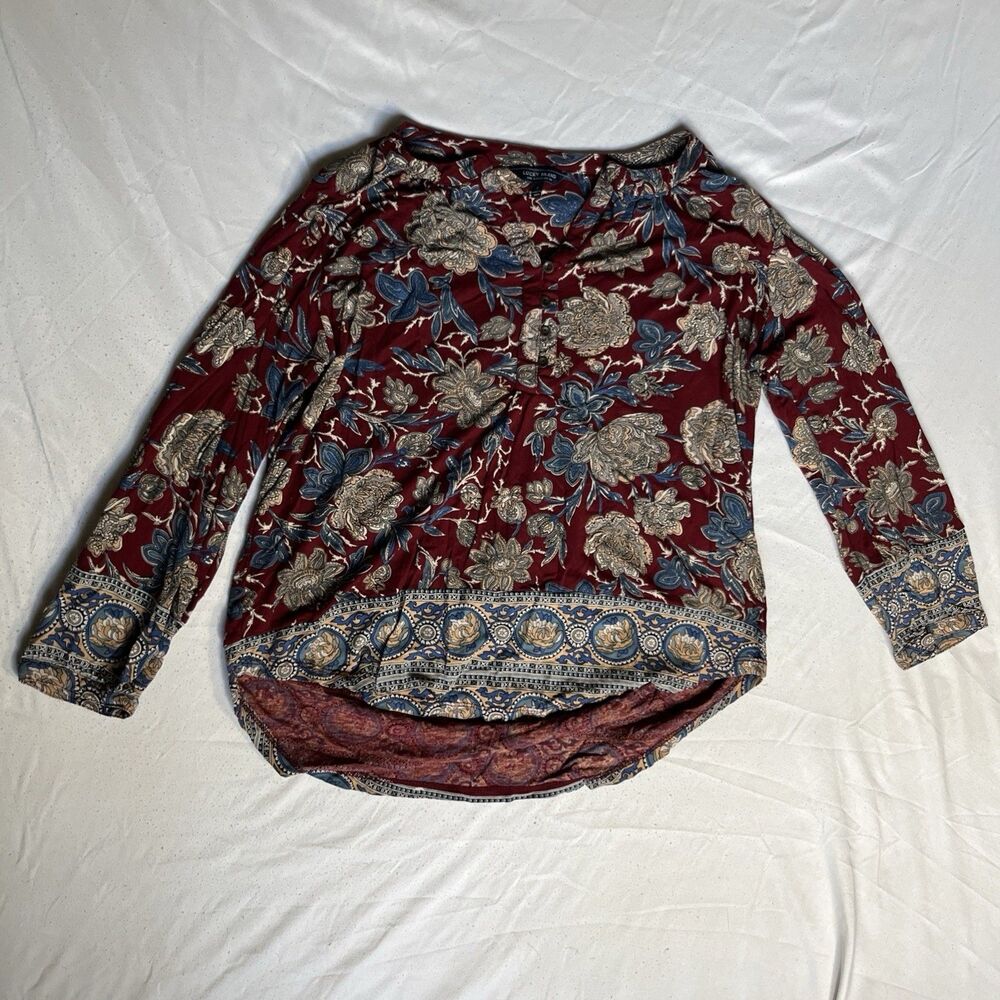 Lucky Brand Maroon Paisley Long Sleeve Blouse High-Lo Size Small